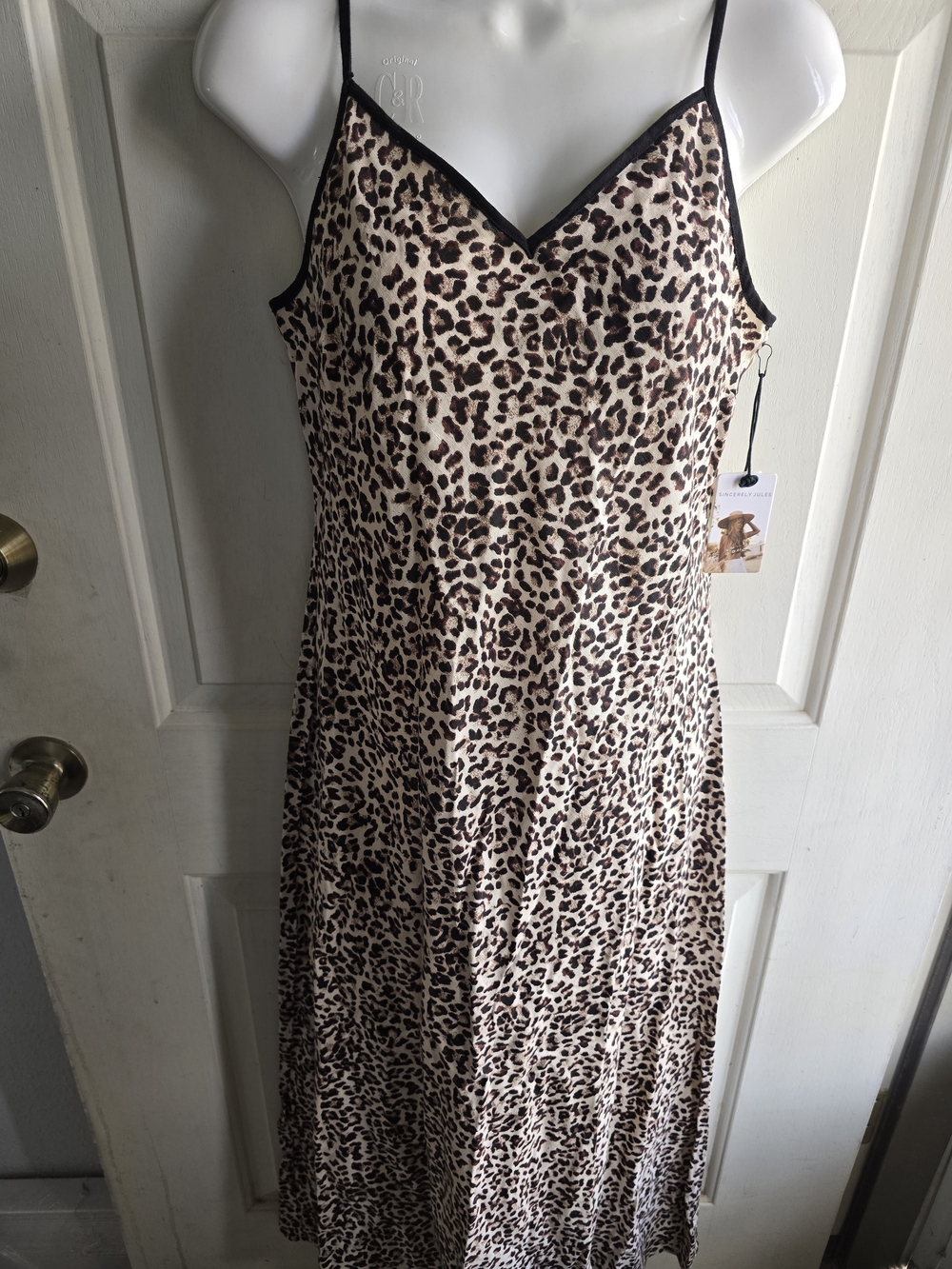 Sincerely Jules Cream and Brown Leopard Slip Maxi Dress with Black Trim - Picture 3 of 4